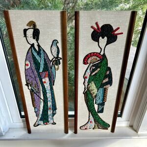 Mid-Century Gravel Art Wall Hangings – Asian Figures, 1960s Vintage Pair